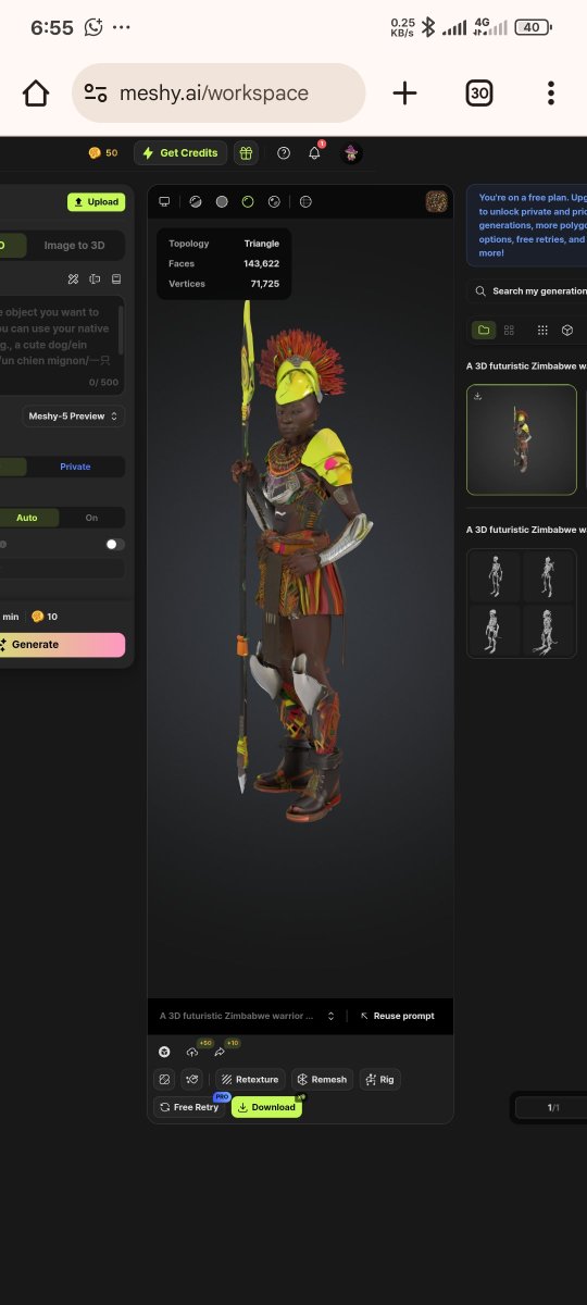 Day 13,  Week 3 of the ALX AI Starter Kit! Exploring the world of AI with an interesting 3d models generating tool.  

3D Generating 💡 Thank you meshy ai🚀

#ALX_AiSK #ALX_AI #alx <a href="/alx_africa/">ALX Africa</a>