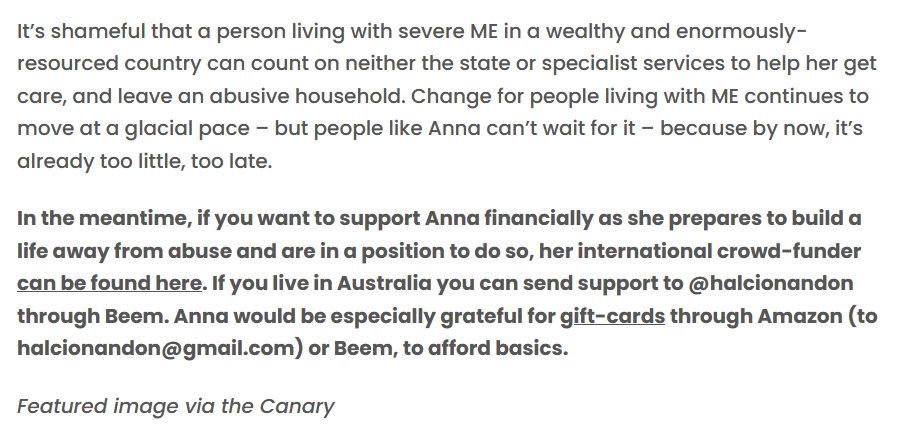 WiredWoozle's tweet image. We need more eyes on Anna’s dire situation—particularly abled &amp;amp; resourced eyes.

Thanks to the Canary for the assist. 🙏
Action items in screenshots. 👇
C’mon, global village! #SaveAnna 💪💙
#DV #LongCovid #CovidIsNotOver