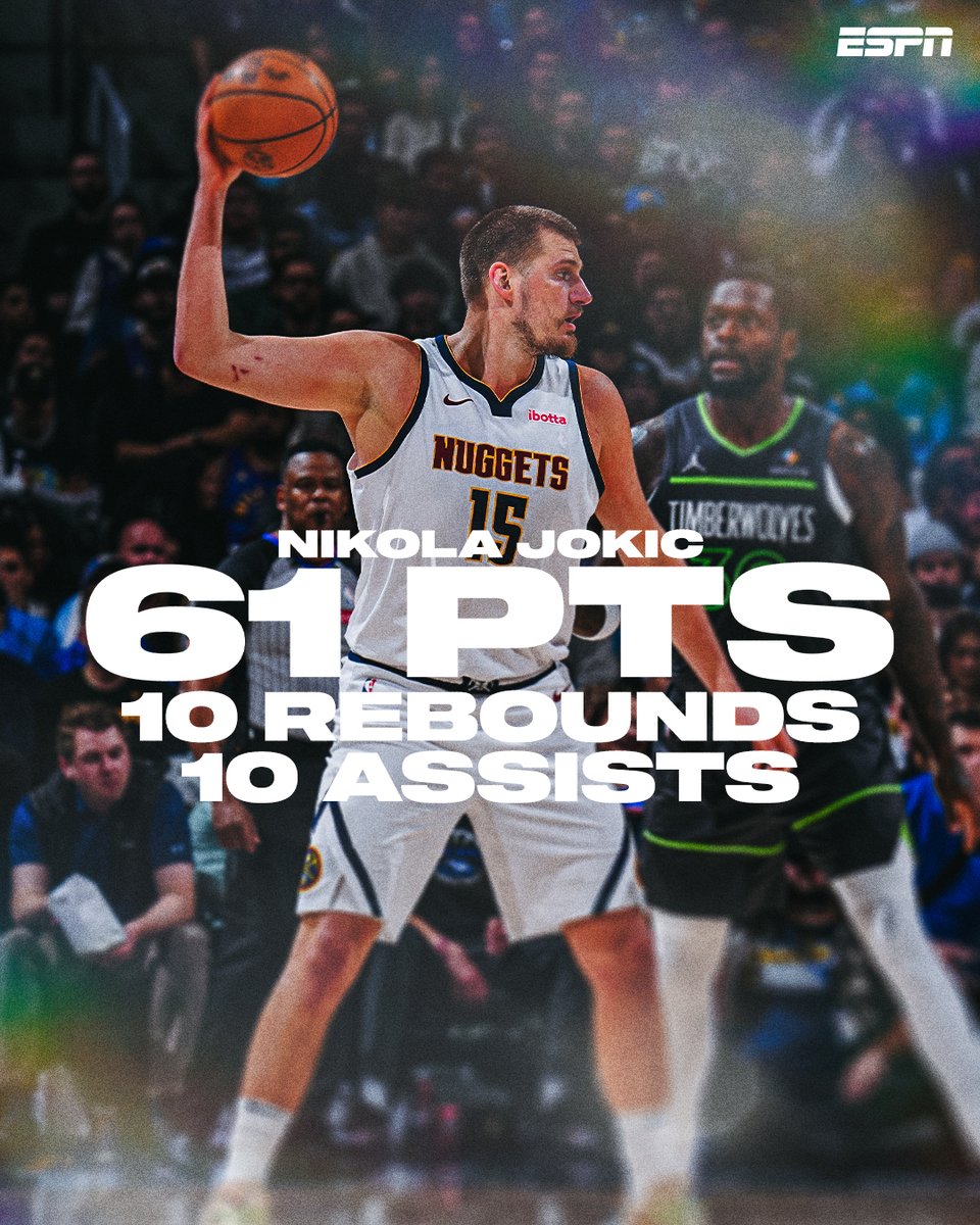 espn's tweet photo. Heartbreaker for the Nuggets 💔 

Despite the loss, Jokic puts up the most points in any triple-double in NBA history 👏 https://t.co/1R2cUDhfDm
