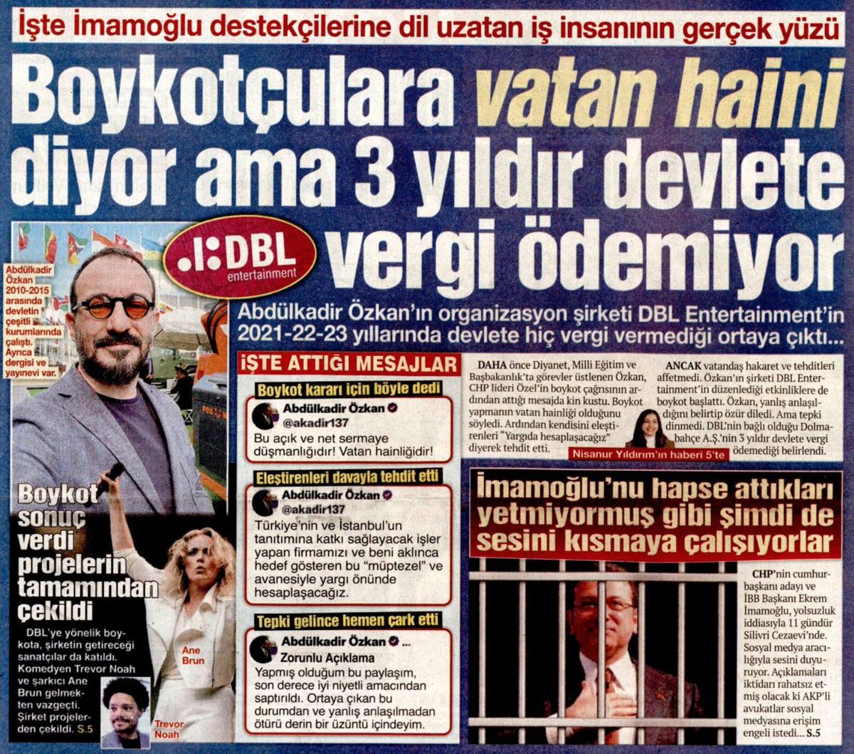 Protesto hakkını kullananlara, #boykot yapmak isteyenlere "Vatan haini" diyen organizatör Abdülkadir Özcan'ın (<a href="/akadir137/">Abdülkadir Özkan</a>) milyonlarca liralık ciro yapmasına rağmen 3 yıldır tek kuruş vergi ödemediği ortaya çıktı. Şaşırdık mı? (Kupür: Nefes)