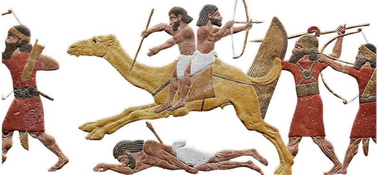 نسخة ملونة لجدارية تعود لعام 645 قبل الميلاد وتصور اشتباكاً بين العرب والجنود الآشوريين!