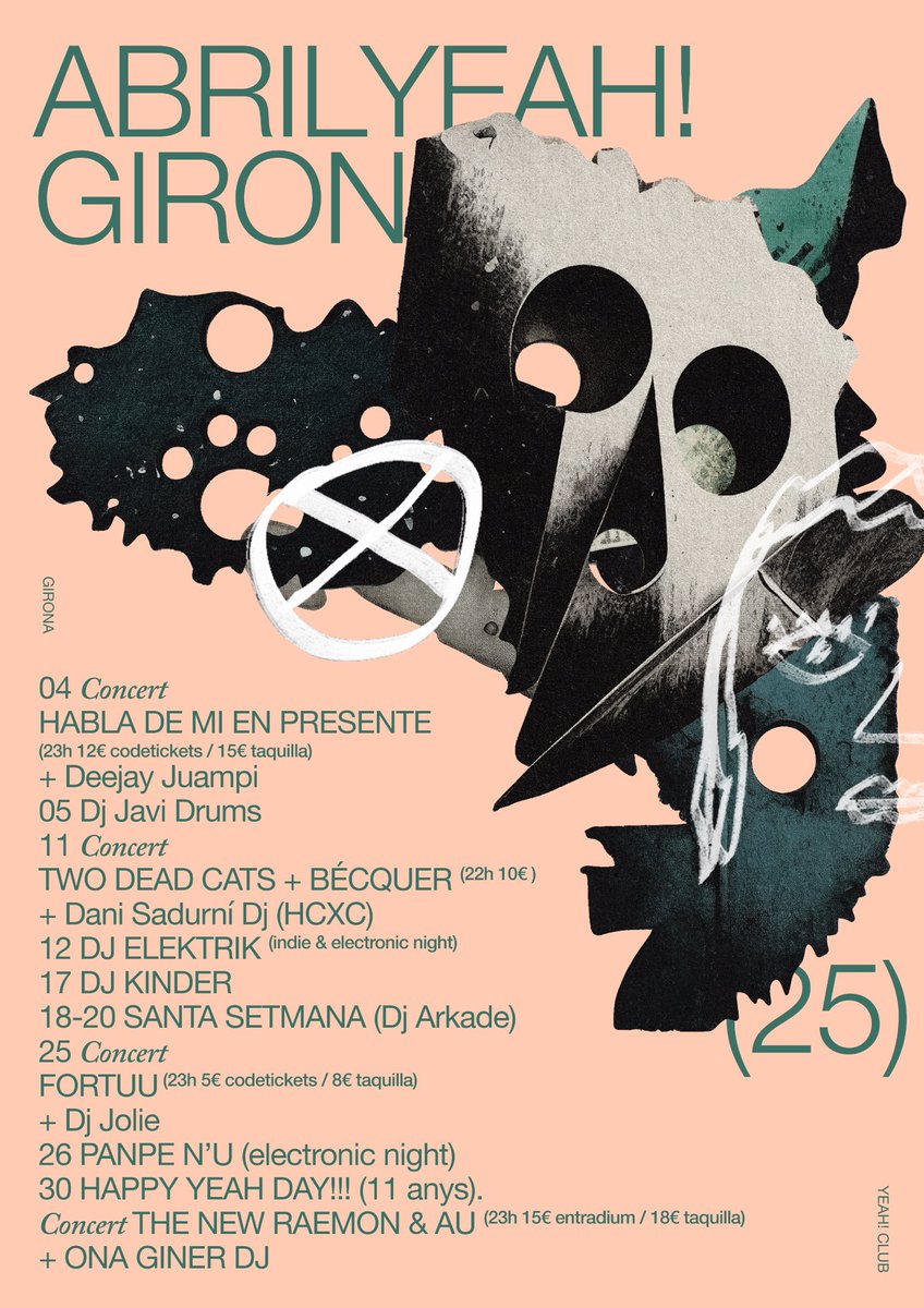 𝑷𝑹𝑶𝑮𝑹𝑨𝑴𝑨𝑪𝑰𝑶́ 𝑫’𝑨𝑩𝑹𝑰𝑳!
Aquí teniu aquest tros de cartell, per celebrar aquest mes dels 11 anys del YEAH!
Concerts de tot (però amb moltíssima qualitat), dj’s nous (i els de la casa), fet amb molt d’amor!

🔹 Cartell de <a href="/QuimMarinStudio/">Marin</a>