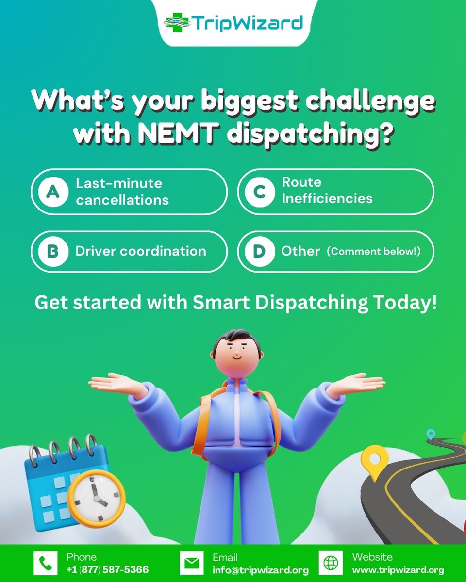 trip_wizard_'s tweet photo. 🚀 Struggling with NEMT Dispatching? Let’s Fix That!

✅ Visit- https://t.co/wo6GuaWxOB
✅ Contact at - +1 (877) 587-5366
✅ Mail - info@tripwizard.org

#NEMTDispatch #TripWizard #SmartDispatching #MedicalTransport #NEMTSolutions #EfficientRoutes #FleetManagement #NEMTSoftware https://t.co/ameBSRQ9FG