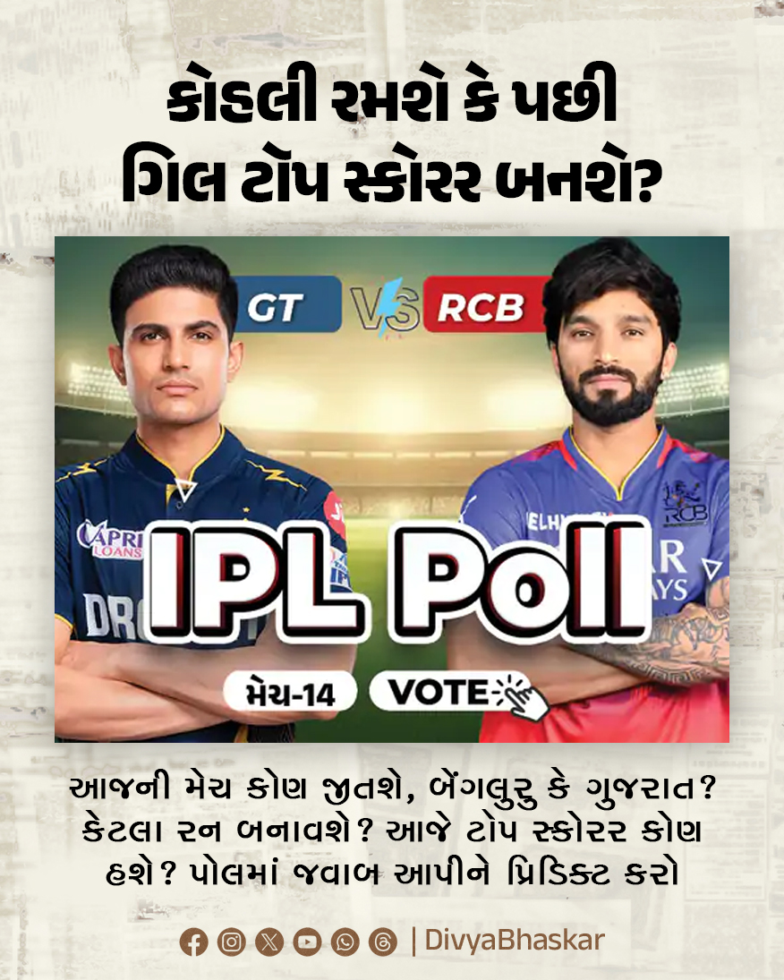 Divya_Bhaskar's tweet photo. ભાસ્કર IPL પોલ : કોહલી રમશે કે પછી ગિલ ટૉપ સ્કોરર બનશે? RCB-GT મેચમાં કોણ બનશે મેચ વિનર?; પોલમાં જવાબ આપીને પ્રિડિક્ટ કરો - https://t.co/C4yLQuN4tp
#IPL2025 #IPLPoll #BhaskarIPLPoll #GTvRCB #GTvsRCB https://t.co/92IN29kSXq