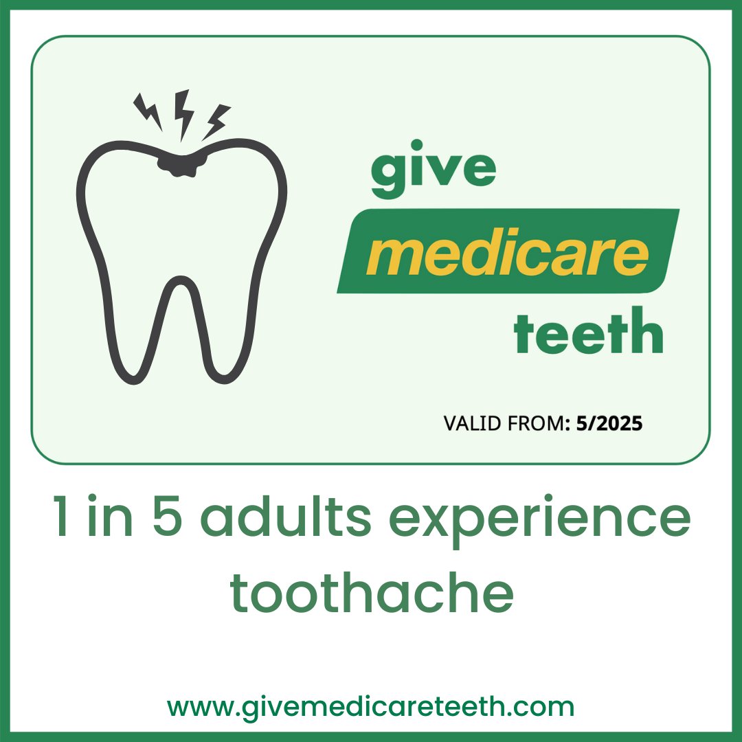 1 in 5 adults experience tooth decay because they can't afford essential dental care.
It's time for that to stop.
It's time to Give Medicare Teeth.
Contact your candidates in the upcoming election and let them know that your teeth are important too.
givemedicareteeth.com