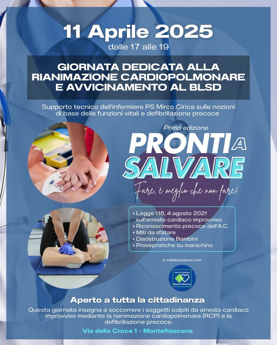 Sono entusiasta di presentare la prima edizione del corso di BLSD e rianimazione cardiopolmonare “PRONTI A SALVARE” a Montefiascone.

Questo evento, che si terrà presso la nostra sede, sarà seguito da un professionista sanitario altamente qualificato.