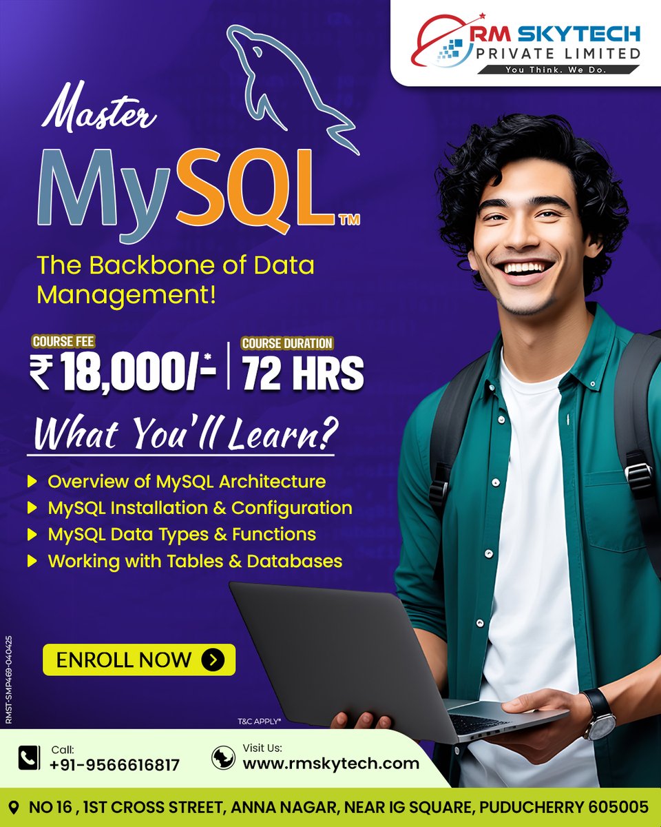 RMSkyTech1's tweet image. 💻 Master MySQL! 
🚀 Data Management Skills! 72 Hours, ₹18,000/-! 
Enroll Now! 
Call: +91-9566616817. Visit: rmskytech.com 
#MySQLCourse #DatabaseSkills #PuducherryTech #RMSkytech