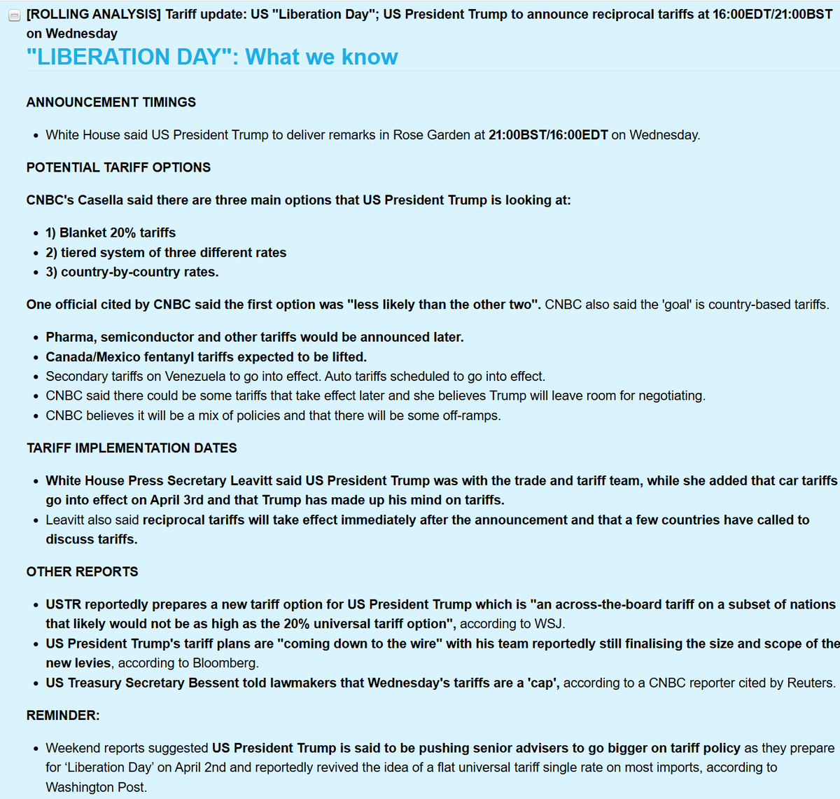 Newsquawk's tweet photo. 🚨 LIBERATION DAY CHEAT SHEET 🚨