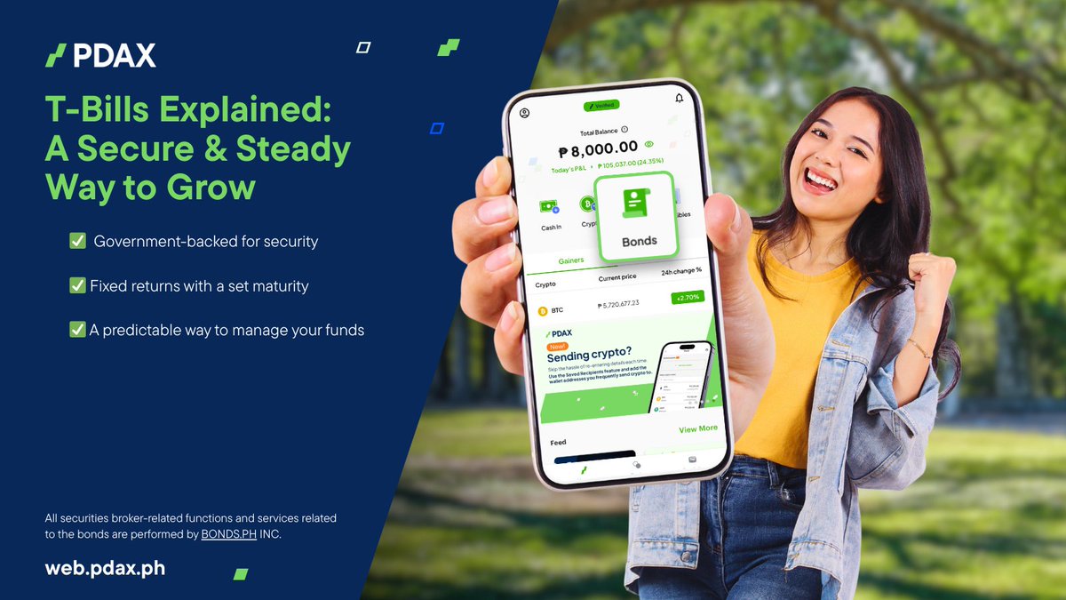 pdaxph's tweet image. Looking for a stable and predictable way to manage your funds?

T-Bills offer fixed returns and government backing. 💡 #YourNextMoneyMove #FinanceBasics #PDAX