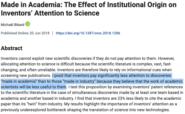 Scientists in industry are more likely to rely on the papers of other industrial scientists than similar papers by academics. Could be just an awareness issue, or maybe industrial papers are more credible?