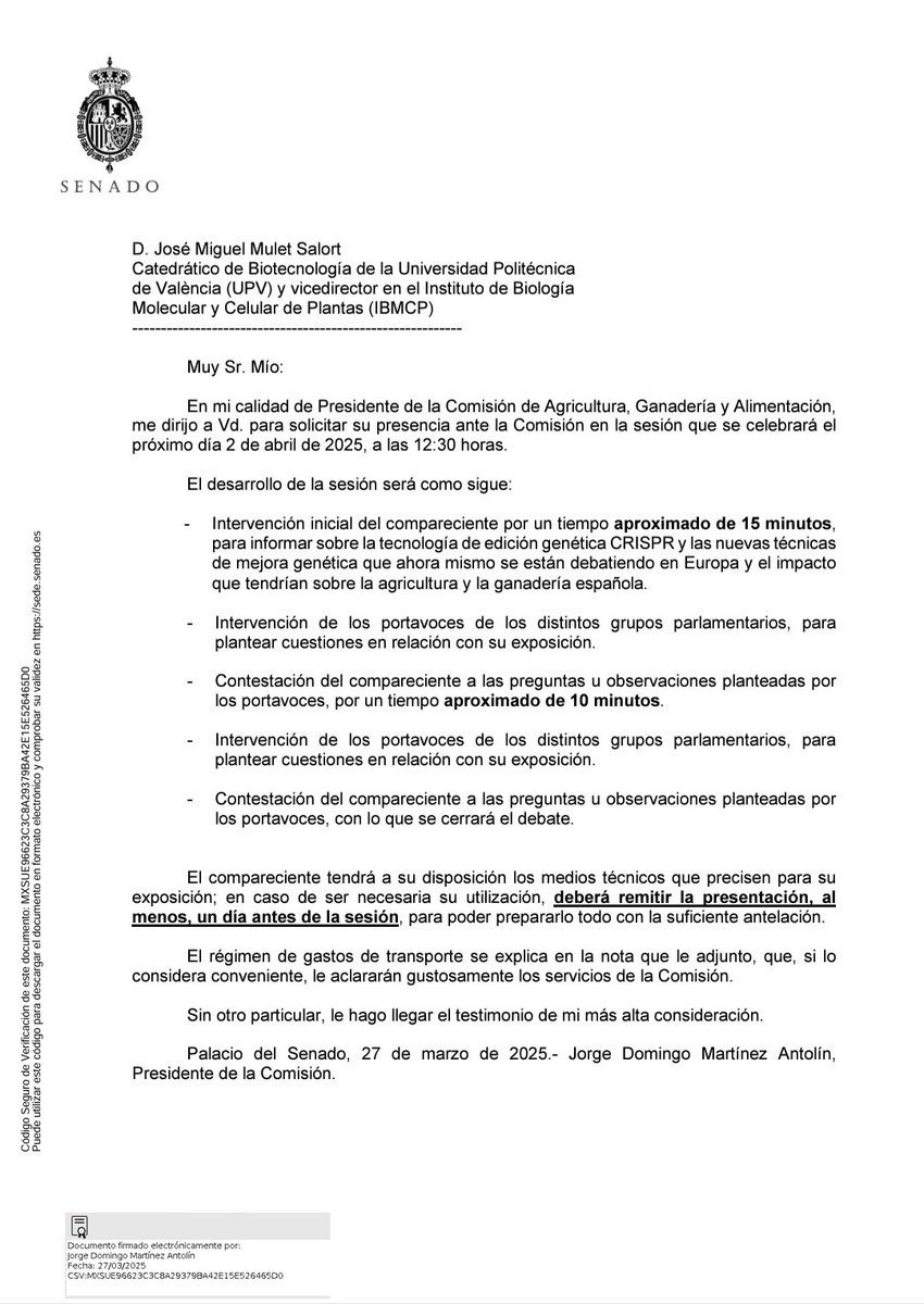 Hoy toca defender el CRISPR ante la comisión de agricultura del Senado.