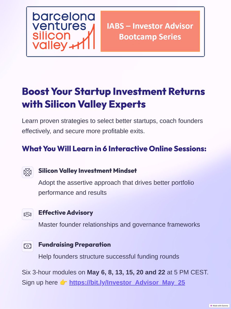 WITSA (@witsa1) on Twitter photo Join our Exclusive Startup Investor & Advisor Bootcamp Series and transform your investment approach with guidance from Silicon Valley’s elite experts.
Register before April 10 to get the special discount!
…toradvisorbootcamp-z1a2k91.gamma.site Join our Exclusive Startup Investor & Advisor Bootcamp Series and transform your investment approach with guidance from Silicon Valley’s elite experts.
Register before April 10 to get the special discount!
…toradvisorbootcamp-z1a2k91.gamma.site