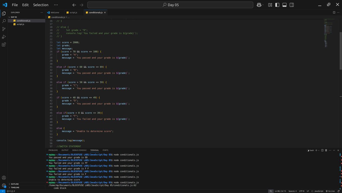 Day7/100: Back on track with my
#100DaysOfCode journey! &amp; Tooka little break, but I've covered a lot since then-variables, data types, arrays, and more. Now, I'm diving into conditions and switch statements. Let's keep pushing!
#CodingJourney #javascript #WebDev 
<a href="/blockfuselabs/">Blockfuse Labs</a>