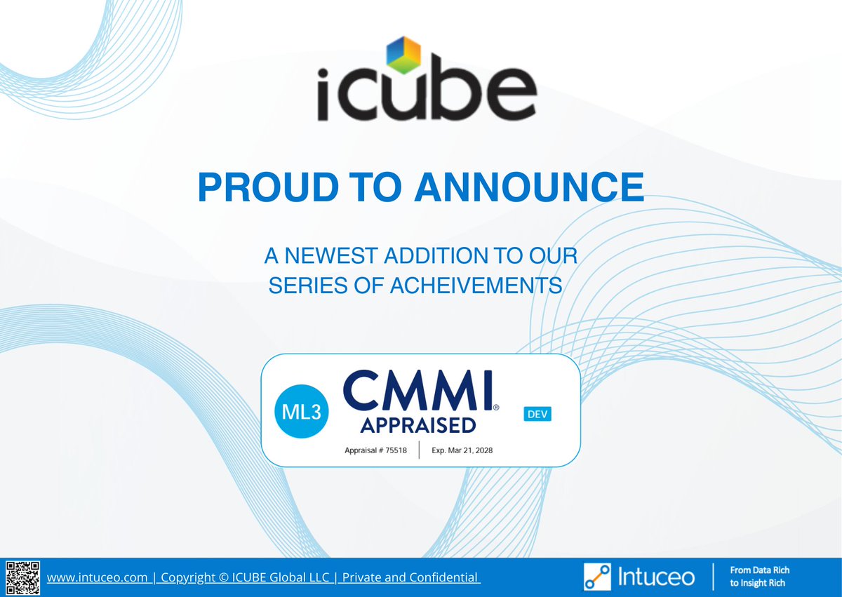 iCubeCSI's tweet photo. 🎉 Exciting News: iCube Consultancy Services. Inc has been appraised at CMMI level 3!

#CapabilityCounts #CMMI #BusinessGrowth https://t.co/JIQl52kCBH