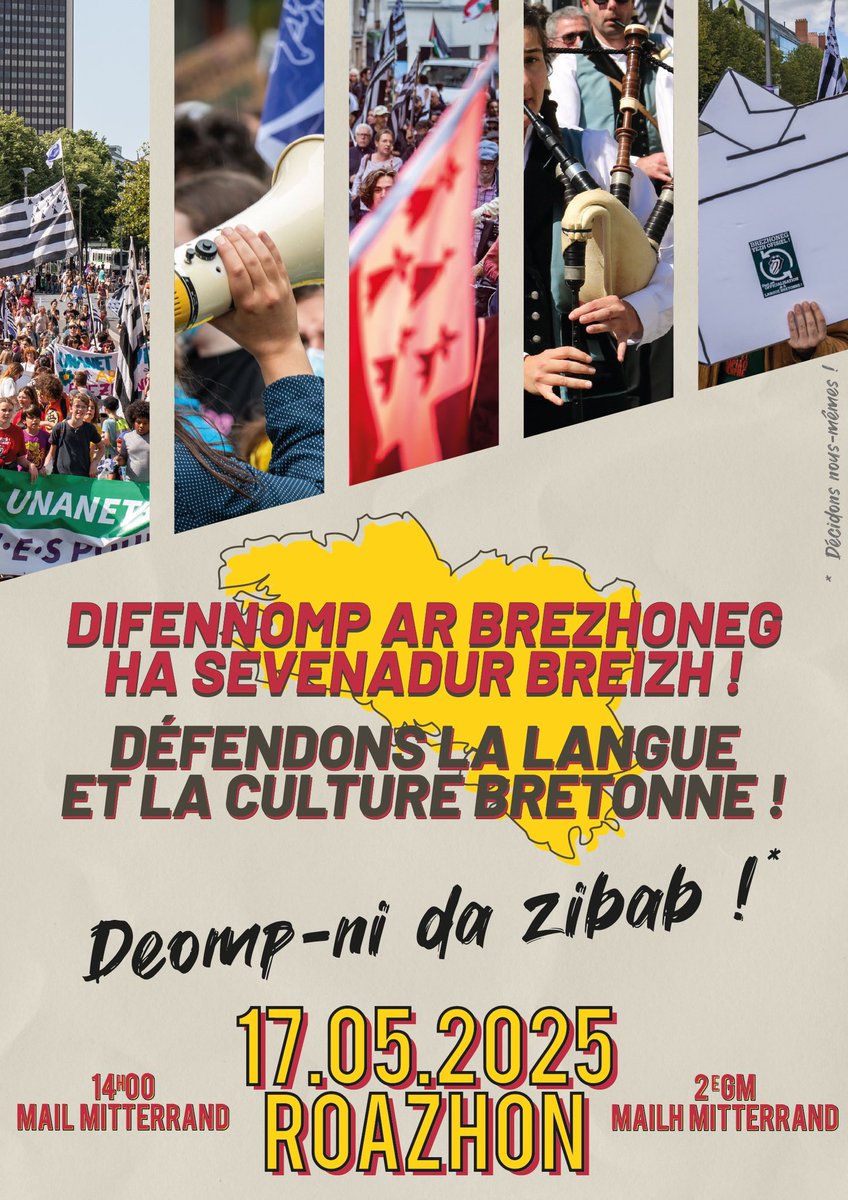 ‼️ 17/05/2025 – ROAZHON ‼️
Défendons la langue et la culture bretonne ! 
Difennomp ar brezhoneg ha sevenadur Breizh !

« Faites signer cet appel et venez en famille manifester le samedi 17 mai prochain 14h à Rennes ! »

bretagne-info.bzh/2025/04/01/bre…