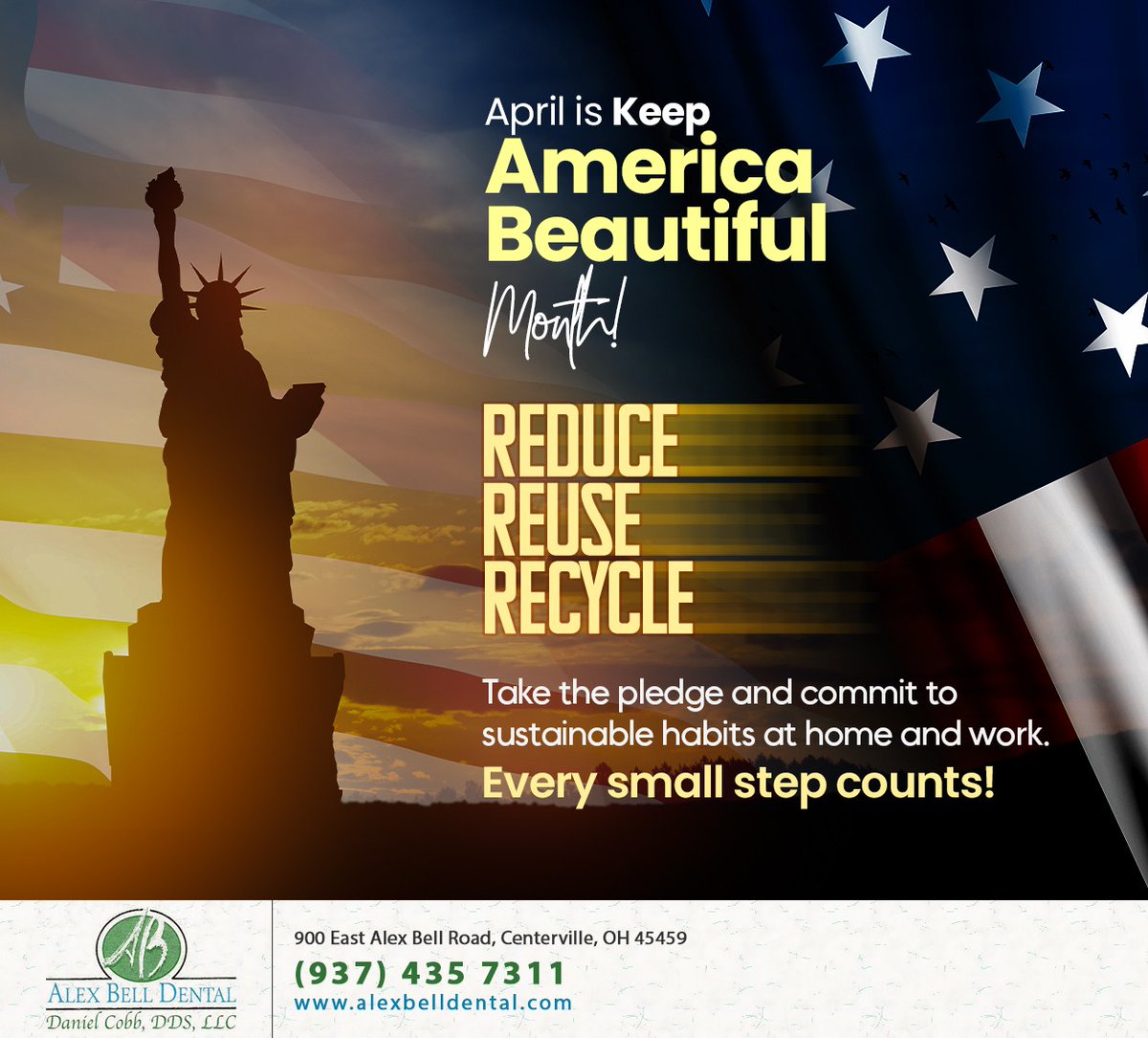 AlexBellDental's tweet image. This April, Alex Bell Dental proudly supports Keep America Beautiful Month. Join hands to make our city cleaner and greener. Let&apos;s lead by example and inspire positive change. #keepamericabeautiful #berecycled #centerville #OH #alexbelldental