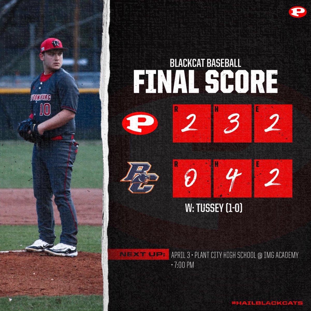 Blackcats win a tight one over Bradenton Christian, 2-0 behind a complete game shutout from Brayden Tussey. 

#HailBlackcats #HoeYeRows