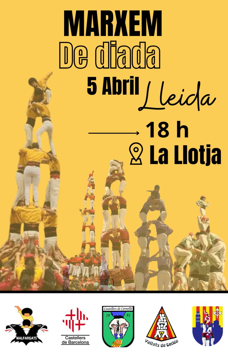 〽️alfargats De Pallars (@malfargatsdp) on Twitter photo Dissabte anem de celebració a casa del nostres padrins <a href="/CdLleida/">Castellers de Lleida</a> que enguany fan 30 anys. Hi actuarem amb:
<a href="/vailetsgelida/">VAILETS DE GELIDA</a> <a href="/CastCornella/">Castellers de Cornellà</a> <a href="/CdBCN/">Castellers de Barcelona</a> <a href="/CdLleida/">Castellers de Lleida</a>
📍Llotja (Lleida)
🕕 18h
<a href="/IEILleida/">INSTITUT D'ESTUDIS ILERDENCS</a> <a href="/SOMPirineu/">SOMPirineu - IDAPA</a> <a href="/ajuntamentsort/">Ajuntament de Sort</a> <a href="/AjTremp/">Ajuntament de Tremp</a> <a href="/cultura_cat/">Cultura</a> <a href="/lallotjalleida/">La Llotja de Lleida</a> Dissabte anem de celebració a casa del nostres padrins <a href="/CdLleida/">Castellers de Lleida</a> que enguany fan 30 anys. Hi actuarem amb:
<a href="/vailetsgelida/">VAILETS DE GELIDA</a> <a href="/CastCornella/">Castellers de Cornellà</a> <a href="/CdBCN/">Castellers de Barcelona</a> <a href="/CdLleida/">Castellers de Lleida</a>
📍Llotja (Lleida)
🕕 18h
<a href="/IEILleida/">INSTITUT D'ESTUDIS ILERDENCS</a> <a href="/SOMPirineu/">SOMPirineu - IDAPA</a> <a href="/ajuntamentsort/">Ajuntament de Sort</a> <a href="/AjTremp/">Ajuntament de Tremp</a> <a href="/cultura_cat/">Cultura</a> <a href="/lallotjalleida/">La Llotja de Lleida</a>