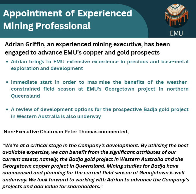 emuasx's tweet photo. We are pleased to announce Adrian Griffin, a seasoned mining professional, has been appointed to manage the Company’s #copper and #gold #exploration portfolio.

Read more: https://t.co/jbU8zjszok

$EMU https://t.co/ZABVLJciDk