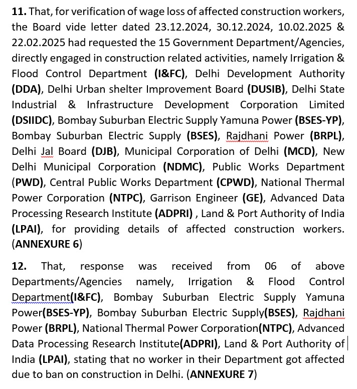 दिल्ली की 15 सरकारी विभागों में से 6 सरकारी विभाग ने SC के हलफनामे में बताया कि 18 नवंबर से 5 दिसंबर 2024 के दौरान प्रदूषण पर रोक से कोई भी श्रमिक प्रभावित नहीं हुआ

निर्माण कार्य पर रोक थी तो, श्रमिक प्रभावित क्यों नहीं हुआ? 
श्रमिक प्रभावित नहीं हुआ तो निर्माण कार्य चल रहा था?