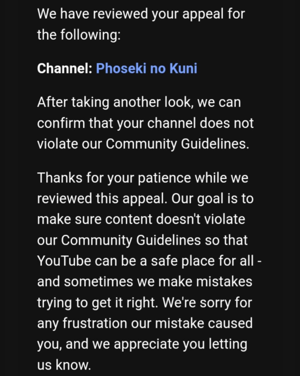 Phoseki_no_Kuni's tweet image. After 1 day of termination, @YouTube has finally brought back my YouTube channel.
Thank you all for your support!