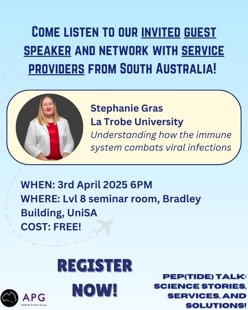 AdelaideProtein's tweet image. 📢 One day to go! Join us at the APG PEP(TIDE) Talk for an evening of science &amp;amp; networking.

✨ Network with one of our event sponsors, the SA Genome Editing Facility (SAGE), specializing in CRISPR genome editing for custom mutant mouse models.
📍 UniSA, Bradley Building, Lvl 8