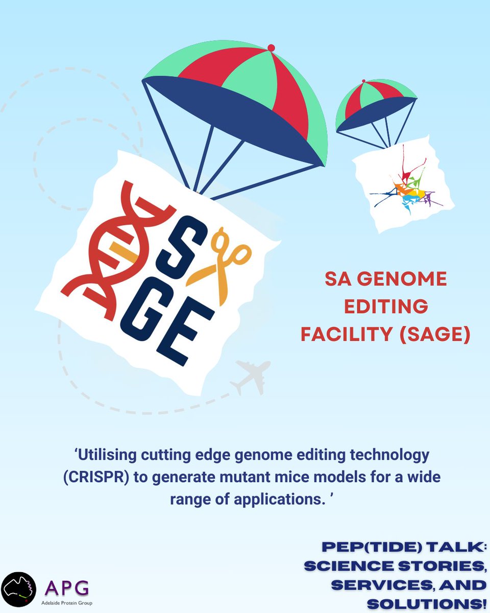 AdelaideProtein's tweet image. 📢 One day to go! Join us at the APG PEP(TIDE) Talk for an evening of science &amp;amp; networking.

✨ Network with one of our event sponsors, the SA Genome Editing Facility (SAGE), specializing in CRISPR genome editing for custom mutant mouse models.
📍 UniSA, Bradley Building, Lvl 8