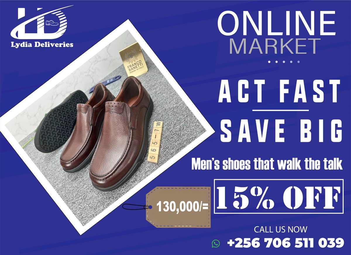 DISCOUNT ALERT ‼️ 
Men’s shoes are now 
130,000/= . 
Watsap or call me on +256706511039.
We deliver