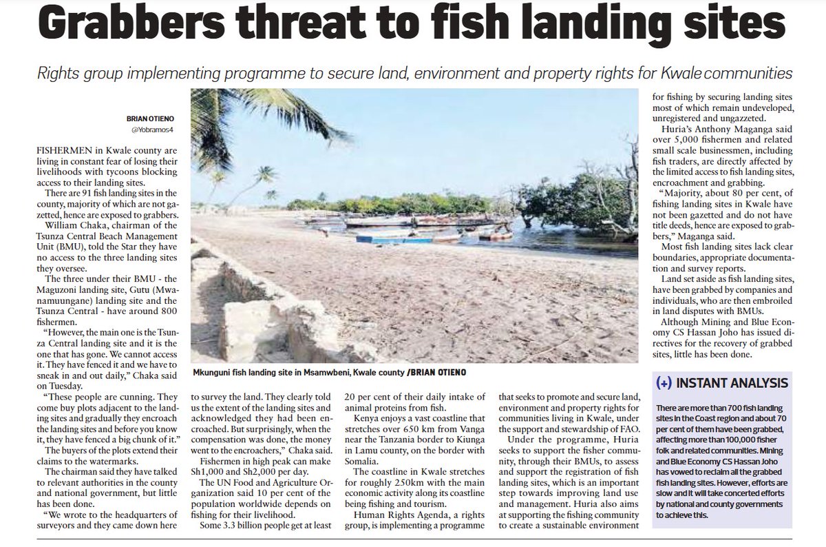 Fishers in <a href="/OurKwaleCounty/">Kwale County</a> are losing their livelihoods due to land grabbers blocking access to fish landing sites. 91 sites are ungazetted, exposing them to encroachment. 

#Urgentaction to #securefishlandingsites #LandRights for #KwaleFishermen

<a href="/EUinKenya/">European Union In Kenya</a> <a href="/FAOKenya/">FAO in Kenya</a>