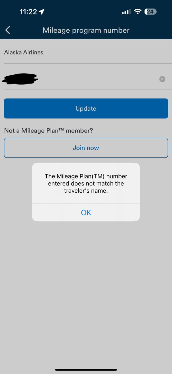vonnestar's tweet photo. @AlaskaAir I’ve added a reservation to your app, and I’m trying to add my mileage program number, but I keep getting this error. Help, please? https://t.co/6E2WtNy5sf