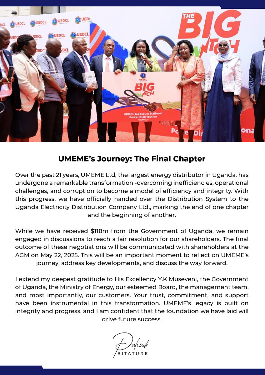 Closing a defining 21-year chapter with UMEME. It has been a journey of growth, transformation, and impact. As the handover to UEDCL marks a new era, I look forward to the future. The next chapter begins.  #TheBigSwitch #EnergyTransition #NextChapter