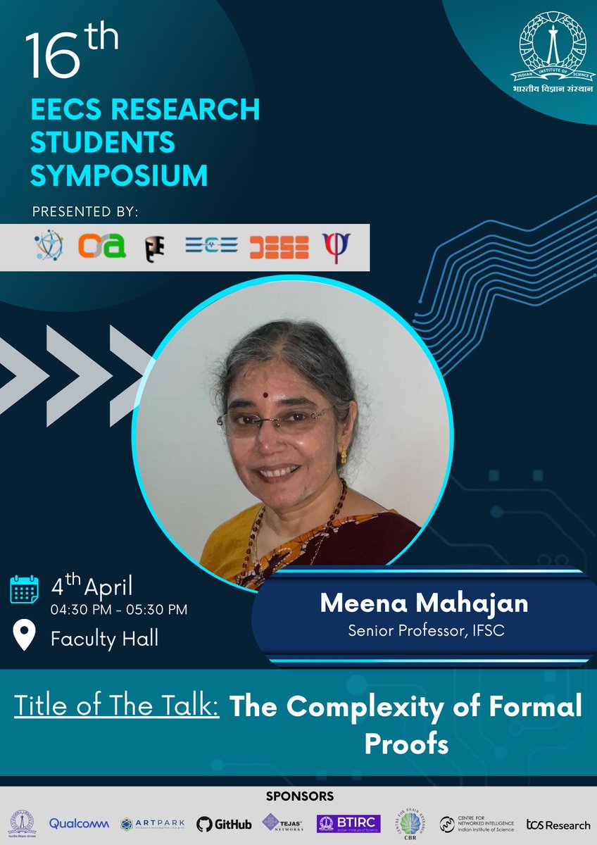 EECS @ IISc, Bengaluru (@eecsiisc) on Twitter photo ๐๐๐๐-๐๐๐๐: ๐๐ฅ๐๐ง๐๐ซ๐ฒ ๐ญ๐๐ฅ๐ค ๐๐ฒ ๐๐ซ๐จ๐ ๐๐๐๐ง๐ ๐๐๐ก๐๐ฃ๐๐ง
This talk will discuss why we care about formal proofs, how we can design good formal proofs, and situations where we hit a wall.
Register: forms.office.com/r/WwYAxtyYWc
Details: eecs.iisc.ac.in/EECS2025 ๐๐๐๐-๐๐๐๐: ๐๐ฅ๐๐ง๐๐ซ๐ฒ ๐ญ๐๐ฅ๐ค ๐๐ฒ ๐๐ซ๐จ๐ ๐๐๐๐ง๐ ๐๐๐ก๐๐ฃ๐๐ง
This talk will discuss why we care about formal proofs, how we can design good formal proofs, and situations where we hit a wall.
Register: forms.office.com/r/WwYAxtyYWc
Details: eecs.iisc.ac.in/EECS2025