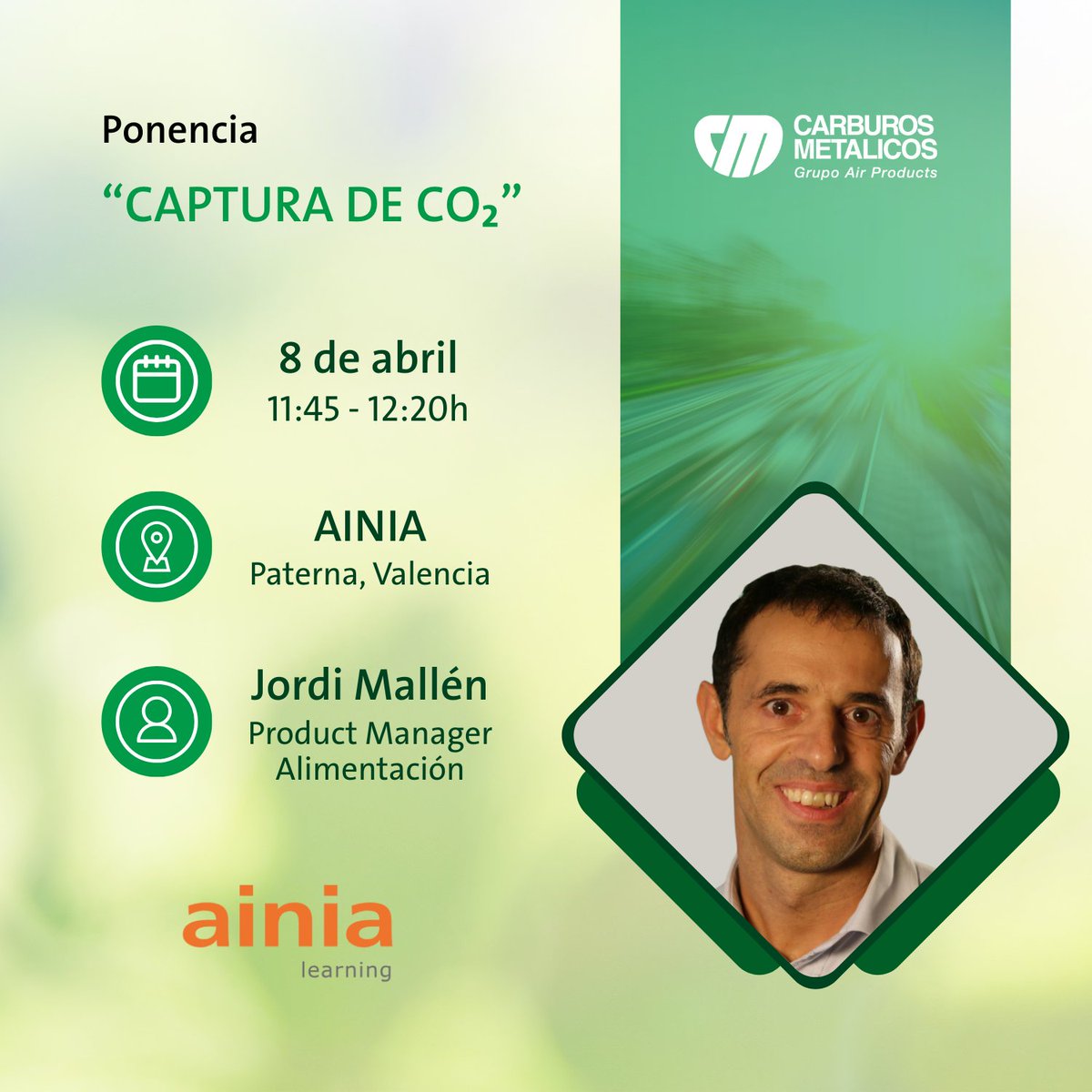 📢 Jordi Mallén, nuestro Product Manager de Alimentación, impartirá la ponencia “Captura de CO2” en la jornada “Sostenibilidad, transformando el Futuro de la Industria y del Planeta”.

📆 8/4 - 11:45h
📍 <a href="/ainiatecnologia/">ainia</a> | Paterna, Valencia

➡️ formacion.ainia.es/curso/jornada-…