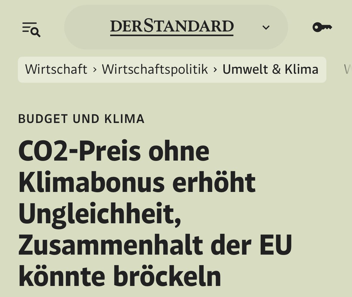 ungleichheit.info (@ungleichheit22) on Twitter photo Ohne finanziellen Ausgleich für die CO2-Bepreisung sehen Wissenschafter:innen negative soziale Folgen. Dazu kommt: Zum Erreichen der #Klimaziele müsste der CO2-Preis viel höher sein.
#Österreich #Ungleichheit
👉derstandard.at/story/30000002… via <a href="/webstandardat/">derStandard.at/Web</a> Ohne finanziellen Ausgleich für die CO2-Bepreisung sehen Wissenschafter:innen negative soziale Folgen. Dazu kommt: Zum Erreichen der #Klimaziele müsste der CO2-Preis viel höher sein.
#Österreich #Ungleichheit
👉derstandard.at/story/30000002… via <a href="/webstandardat/">derStandard.at/Web</a>