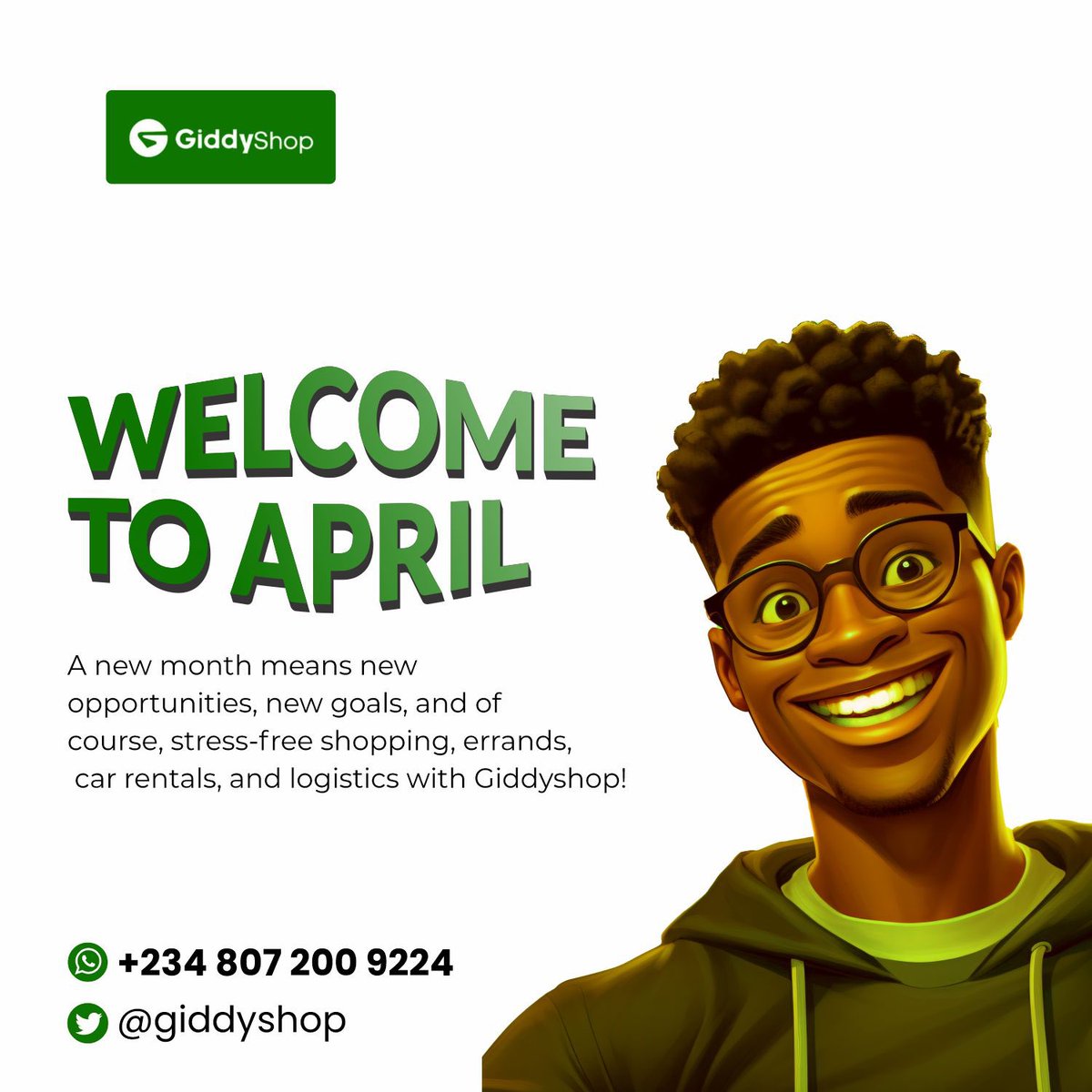 GiddyShop's tweet photo. Happy New Month from Giddyshop!

April brings new goals &amp; fresh opportunities! Let’s make it stress-free with smooth shopping, errands, car rentals &amp; logistics.

We’ve got you covered! Cheers to ease &amp; success! 🛍️🚗📦

#HappyNewMonth #Giddyshop #ShopWithEase #AprilVibes https://t.co/w64C6G53E3