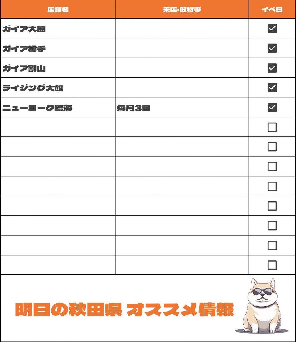 ✪ 4月3日 < 秋田県 >
━ 🎪EVENTS  ━━

❏ ガイア系列
❏ ライジング大館
❏ ニューヨーク臨海
└ 特定日

※特定日詳細は画像を参照