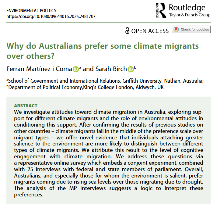 Environmental Politics (@env_pol) on Twitter photo Why do Australians prefer some climate migrants over others? New article from <a href="/fmartinezicoma/">Ferran Martinez</a> and Sarah Birch.
doi.org/10.1080/096440… Why do Australians prefer some climate migrants over others? New article from <a href="/fmartinezicoma/">Ferran Martinez</a> and Sarah Birch.
doi.org/10.1080/096440…