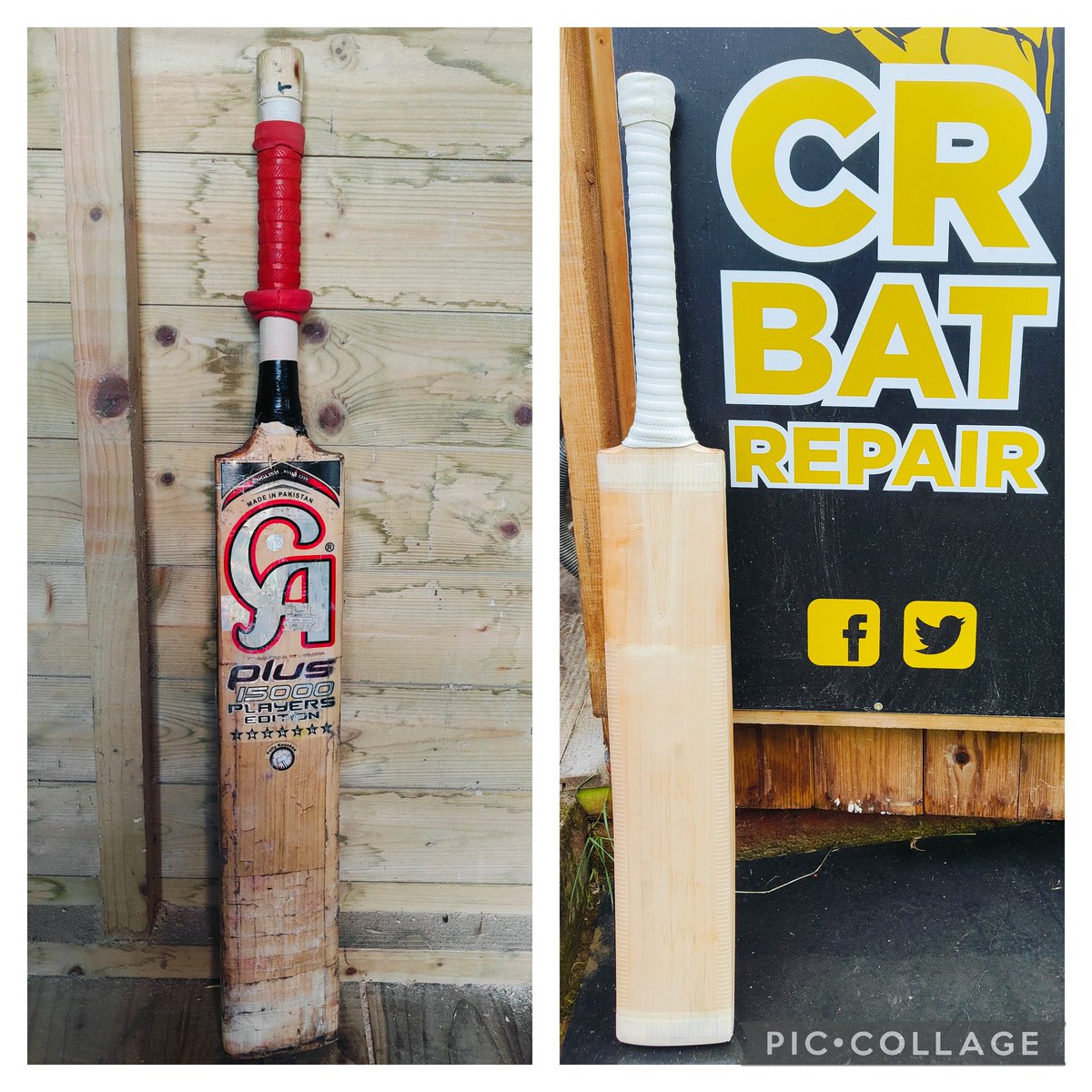 **REHANDLE**
This CA was in with substantial damage.broken handle, split toe,both shoulders split 4 inches,full clean up.new face guard new toe guard taped edges plus a new grip.

Alot of work to get this bat back in the game but got there in the end  👌🏻🏏