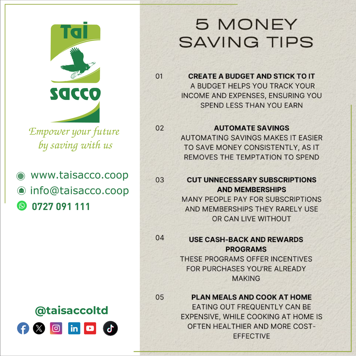 taisaccoltd's tweet photo. π° Smart Saving, Brighter Future! π°
Looking to grow your savings? Here are some simple yet powerful tips to keep your finances on track! πβ¨ Start saving today and watch your wealth grow! π±π΅ #SmartSaving #FinancialGoals #savingstips #taisacco #EmpowerYourFuture #savewithus https://t.co/T1BUKFhGDb