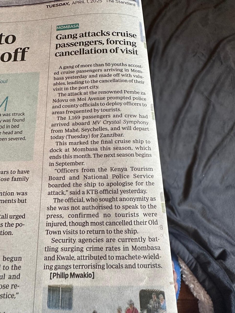 The tourists who docked in Mombasa Port on Sunday have all returned home after being attacked by a gang of 50 (panga boys)
MSA is not safe for anyone. Mr <a href="/kipmurkomen/">KIPCHUMBA MURKOMEN, E.G.H</a> Genz is not a crime 

<a href="/A_S_Nassir/">Abdulswamad Sheriff Nassir</a> <a href="/MombasaCountyKe/">Mombasa County</a> wake up from your tiktok bed &amp; address an alarming insecurity