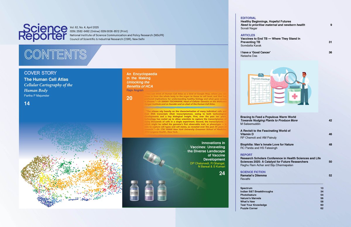 ScienceReporte1's tweet image. Science Reporter’s April 2025 issue is a health special featuring vaccines, tuberculosis, and more, with a cover story on the Human Cell Atlas by Dr Partha P Majumder, National Science Chair (Scientific Excellence), SERB, GoI.
@CSIR_IND @CSIR_NIScPR