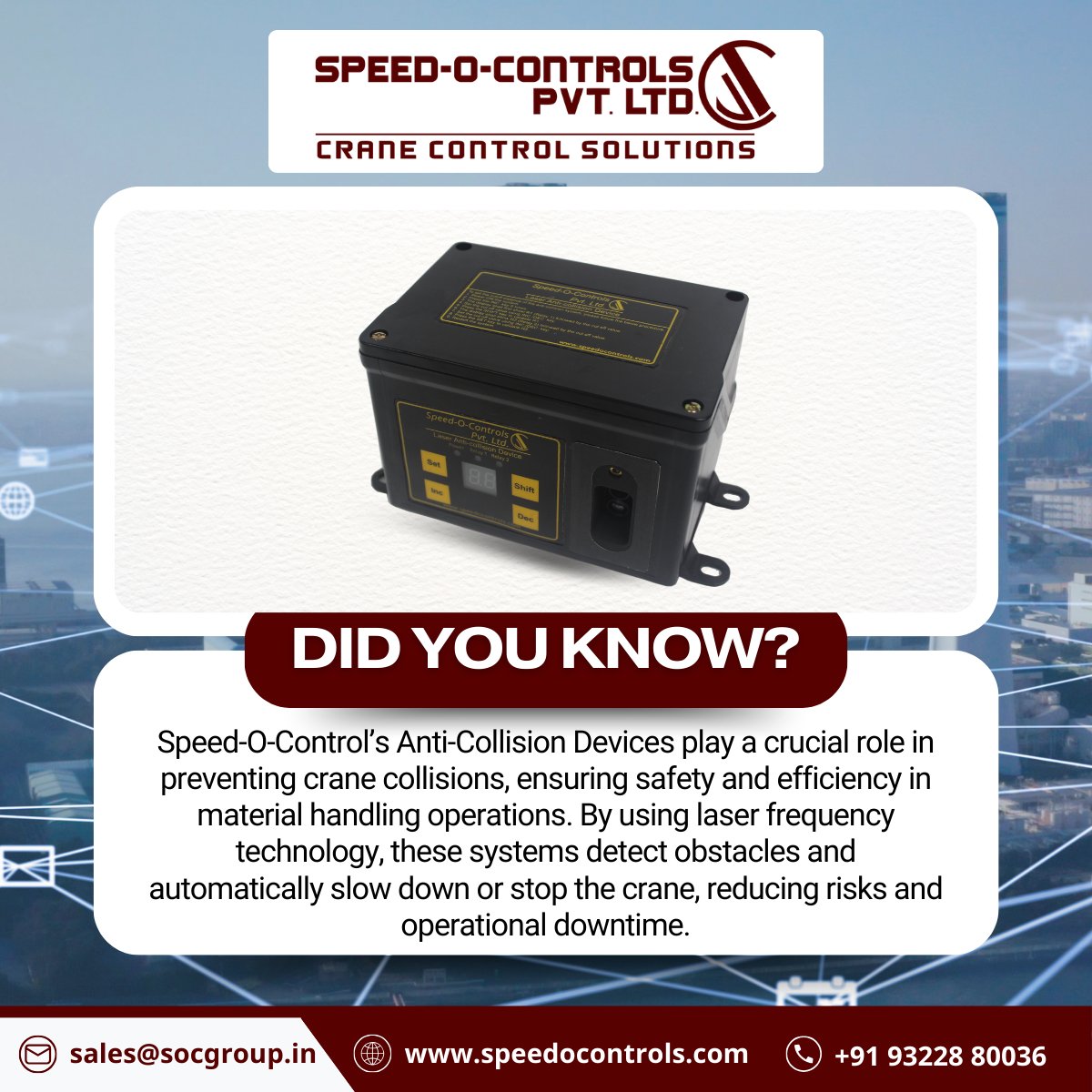 SpeedOControls's tweet image. Did you know? Speed-O-Control&apos;s Anti-Collision Devices prevent crane crashes! Using laser technology, they detect obstacles, slowing or stopping cranes. This ensures safety and efficiency, minimizing downtime. Smart technology for safer industries. #CraneSafety #SpeedOControl