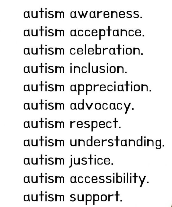 This #April, let's strive for: 
Autism awareness

Autism acceptance

Autism celebration 

Autism inclusion 

Autism appreciation 

Autism advocacy

Autism respect

Autism understanding 

Autism justice

Autism accessibility 

💖✨️🦄🫶🦄

#MentalHealth #AutismAwarenessMonth