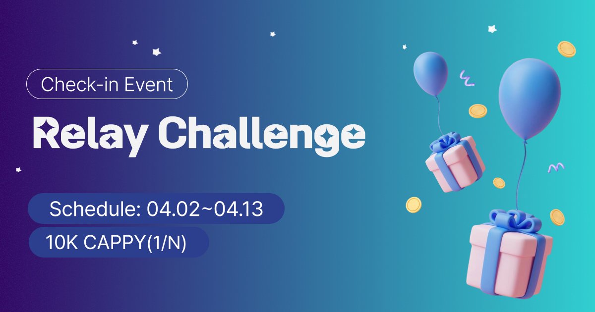 cappy_social's tweet photo. 🔥5-Day Consecutive Check-In Relay Challenge! 🔥
💰Check in daily and CAPPY rewards will pour in! 💰

🚀New Feature! Relay Check-In is here! 🚀
Check in daily on CAPPY and get 1 CAPPY for 5 consecutive days!
By certifying in this event, you also get a chance to receive an additional 10K(1/n) CAPPY! 🎁
Miss even one day? You have to start over! 😱 "If you miss this, you'll regret it!”🤩

Schedule 📆
04.02 - 04.13

🎯How to Participate
1️⃣ Check in on CAPPY daily and stay consistent! ✅
2️⃣ After completing 5 consecutive check-ins, post a screenshot + CAPPY UID in the event post comments! 🔥
3️⃣ 50 lucky winners will be chosen to receive a CAPPY reward! 💸

📢Tip! Certify your daily check-ins and double your rewards! 🎯

🏆Succeed in the relay and grab your CAPPY rewards! Big win?! 😎
Join the challenge now! 🚀