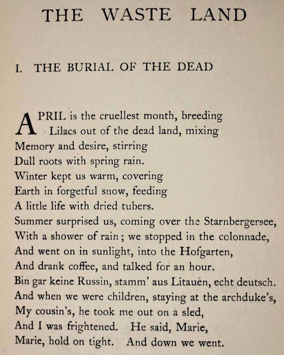 manuelca24's tweet photo. Abril es el mes más cruel

T. S. Eliot, LA TIERRA BALDÍA https://t.co/29pOU3vFk7