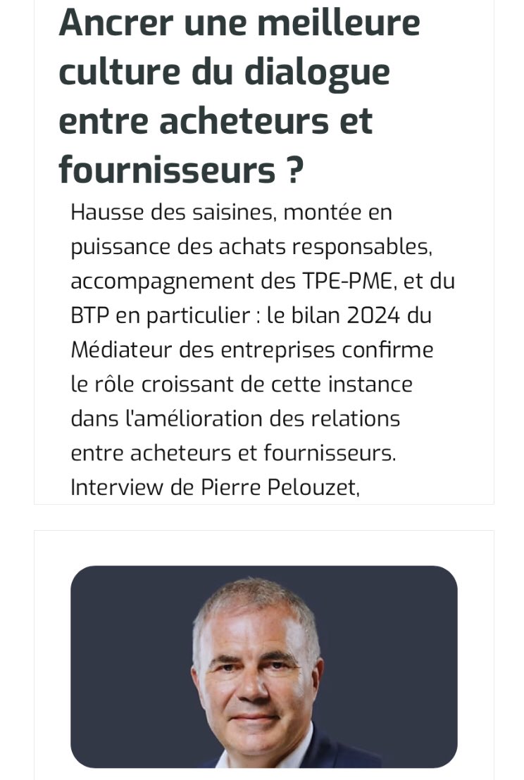 Pierre Pelouzet (@ppelouzet) on Twitter photo « Ancrer une meilleure culture du dialogue entre acheteurs et fournisseurs ? »
A lire ds <a href="/Decision_achats/">Decision-achats.fr</a> suite à la présentation du bilan annuel du <a href="/MedEntreprises/">Médiateur des entreprises</a>
decision-achats.fr/Thematique/ach… « Ancrer une meilleure culture du dialogue entre acheteurs et fournisseurs ? »
A lire ds <a href="/Decision_achats/">Decision-achats.fr</a> suite à la présentation du bilan annuel du <a href="/MedEntreprises/">Médiateur des entreprises</a>
decision-achats.fr/Thematique/ach…