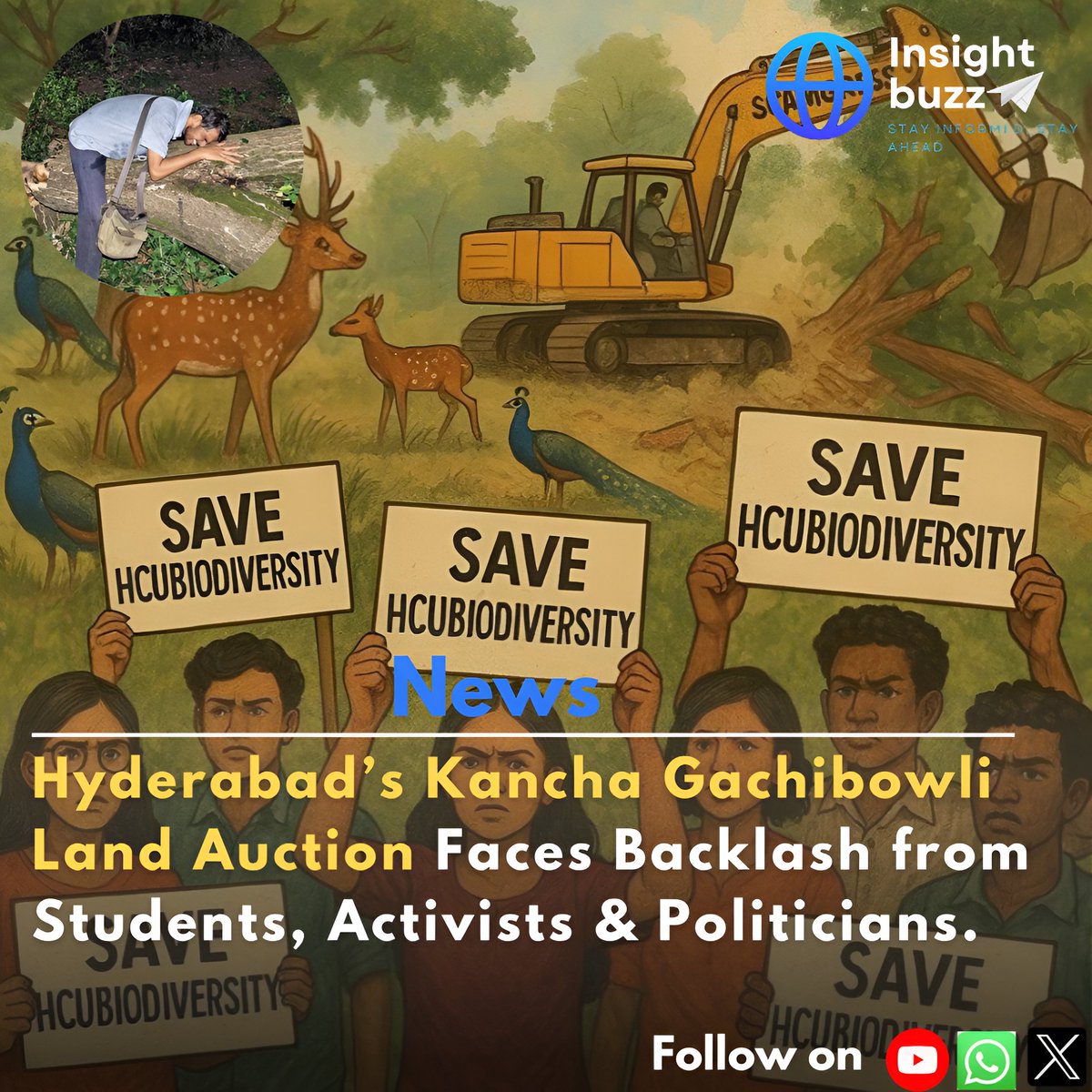 Insight_buzz's tweet photo. 🚨Hyderabad's 400-acre land auction near UoH sparks protests! Students, environmentalists &amp; political leaders oppose Telangana govt's move, citing ecological concerns. PIL filed, BJP MPs seek intervention. Will the green space survive. #SaveKanchaGachibowli #HyderabadNews https://t.co/J4zgz0dx92