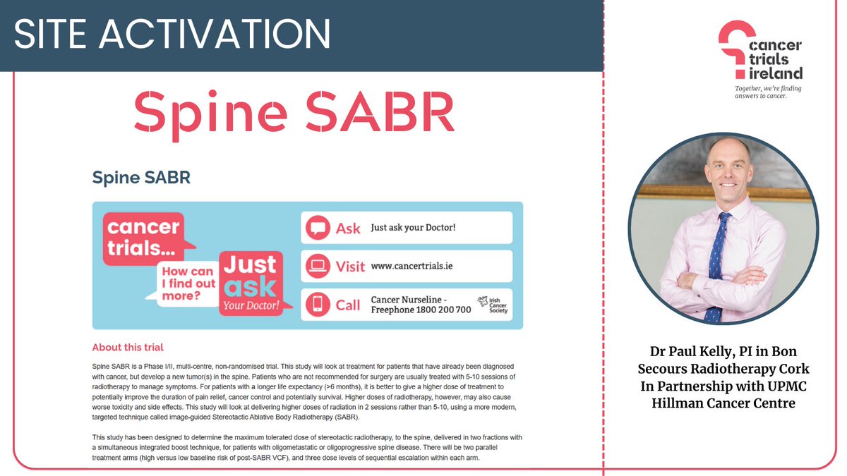 CancerTrialsIreland ๐ (@cancertrials_ie) on Twitter photo Congrats to <a href="/BonsCancerCork/">Bon Secours Cork Cancer Centre</a> <a href="/UPMCHillmanCC/">UPMC Hillman Cancer Center</a> and PI Dr Paul Kelly, for opening the Spine SABR trial for patients with Solid Tumour Spine Metastases๐
Also open in ๐ฎ๐ช at SLRON <a href="/ClareFaul/">clare faul</a> & <a href="/BeaconCtru/">BeaconCTRU</a> Dr Siobhra OโSullivan <a href="/IRROGTrials/">Irish Research Radiation Oncology Group</a>
More: bit.ly/4bPRiNR Congrats to <a href="/BonsCancerCork/">Bon Secours Cork Cancer Centre</a> <a href="/UPMCHillmanCC/">UPMC Hillman Cancer Center</a> and PI Dr Paul Kelly, for opening the Spine SABR trial for patients with Solid Tumour Spine Metastases๐
Also open in ๐ฎ๐ช at SLRON <a href="/ClareFaul/">clare faul</a> & <a href="/BeaconCtru/">BeaconCTRU</a> Dr Siobhra OโSullivan <a href="/IRROGTrials/">Irish Research Radiation Oncology Group</a>
More: bit.ly/4bPRiNR