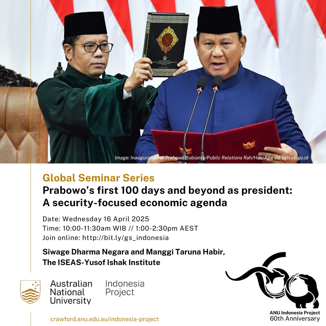 ANU Indonesia Project (@anuindonesia) on Twitter photo Join Manggi Habir & Siwage Negara as they discuss their forthcoming <a href="/BIESjournal/">BIES journal</a> survey, which assesses Indonesia’s economic performance during President Prabowo’s first 100 days in office. Wed, 16 Apr, 10–11:30 PM WIB // 1–2:30 PM AEST. Join: bit.ly/gs_indonesia Join Manggi Habir & Siwage Negara as they discuss their forthcoming <a href="/BIESjournal/">BIES journal</a> survey, which assesses Indonesia’s economic performance during President Prabowo’s first 100 days in office. Wed, 16 Apr, 10–11:30 PM WIB // 1–2:30 PM AEST. Join: bit.ly/gs_indonesia