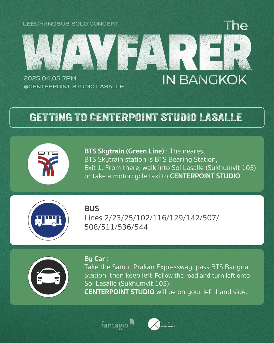มาแล้ววว วิธีเดินทางไป CENTERPOINT STUDIO LASALLE  

2025 LEECHANGSUB SOLO CONCERT [The Wayfarer] IN BANGKOK
 
🗓️ เสาร์ที่ 5 เมษายน 2025 | 19:00 น. (เวลาไทย)  
📍 เซ็นเตอร์พ้อยท์ สตูดิโอ ลาซาล  

ซื้อบัตรได้ที่ ticketmelon.com/lee-changsub/2… หรือผ่านทางแอปพลิเคชัน Ticketmelon เท่านั้น